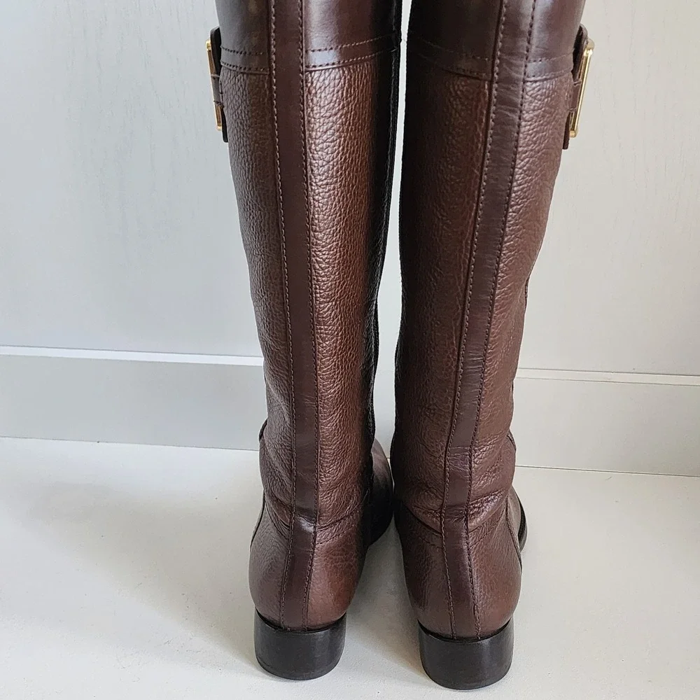 Tory Burch Julian Riding Boot Brown Leather Knee High Gold Logo Buckle Women 6.5